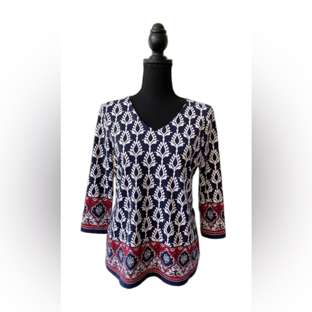 Charter Club: Navy Blue, White and Red Pattern 3/4 Sleeve V Neck Tunic